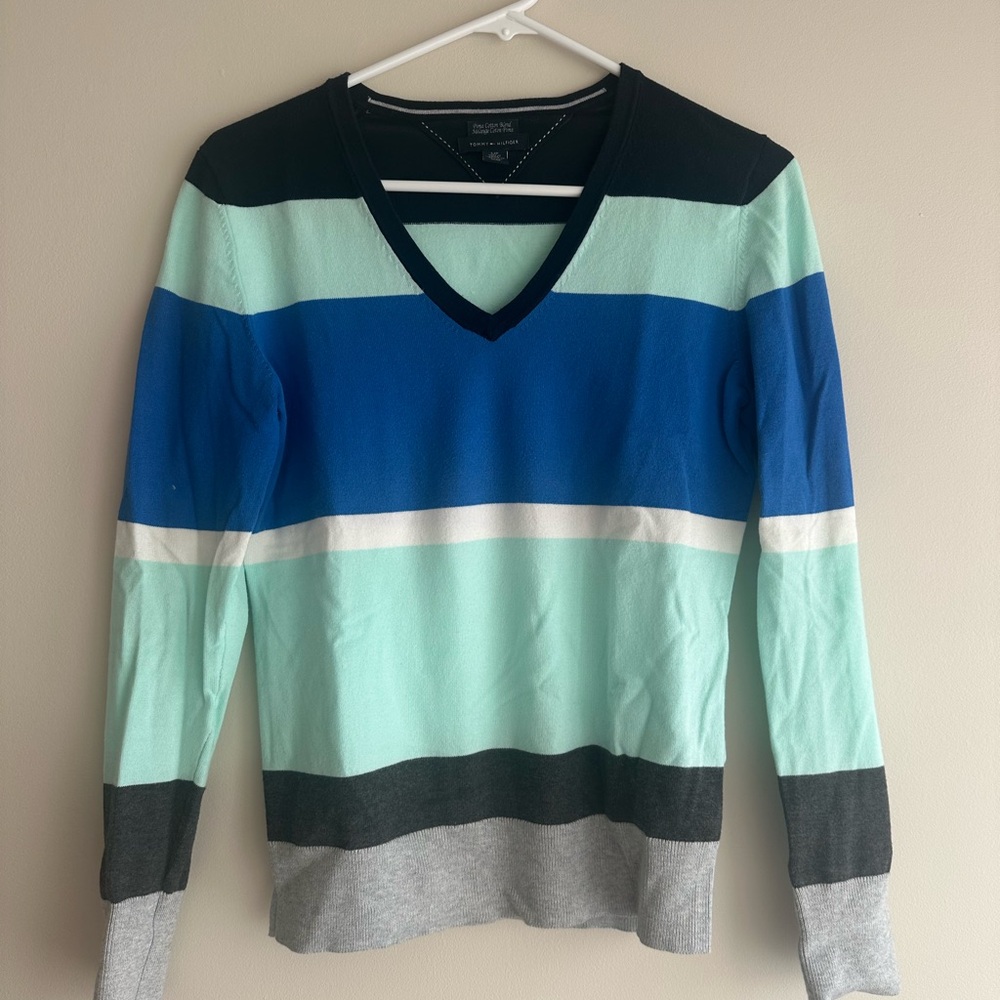 Tommy Hilfiger Blue and Black V-Neck Sweater